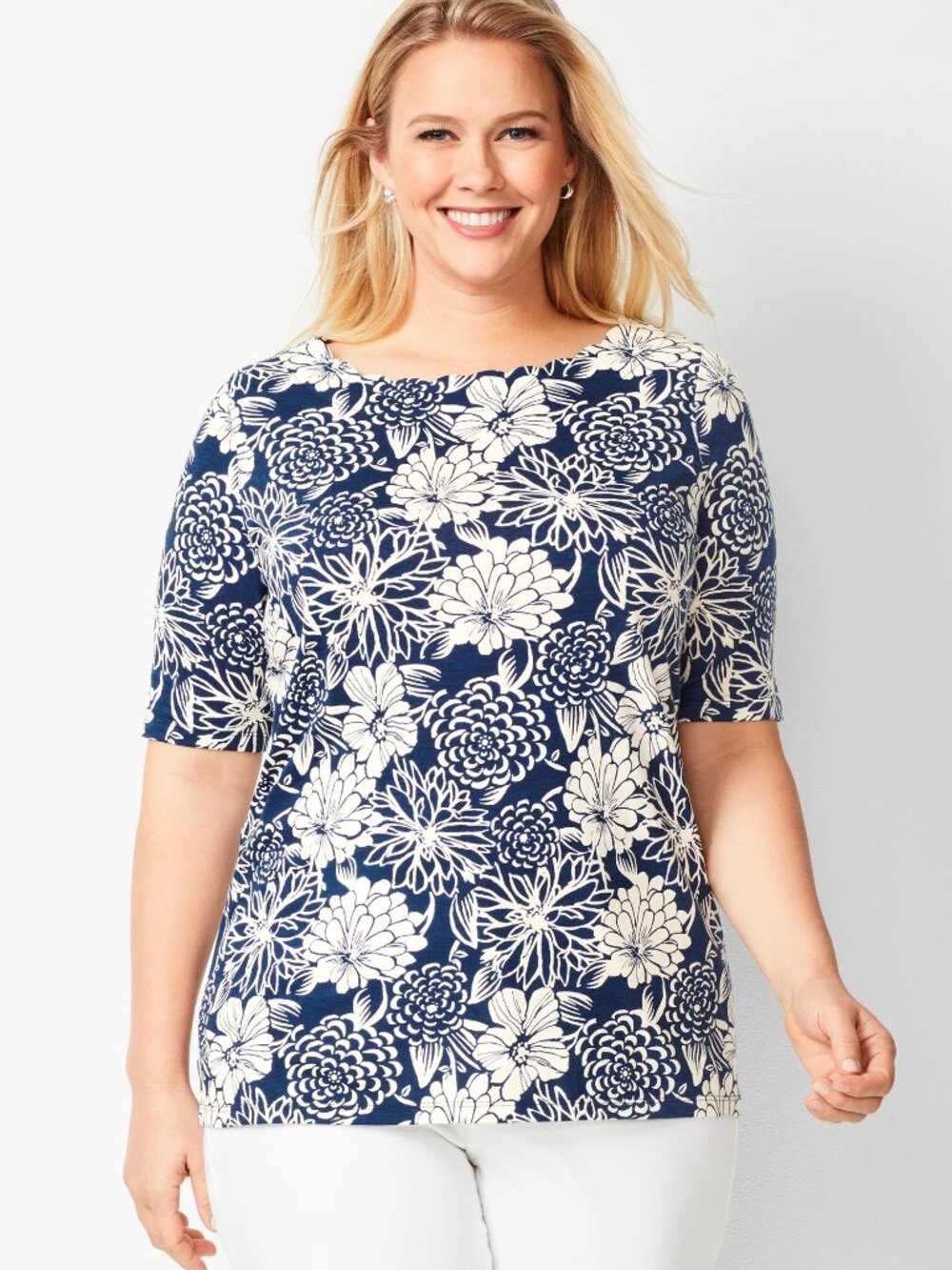 Talbots Plus 1X Pima Scallop-Edge Tee Classic Floral Navy Ivory